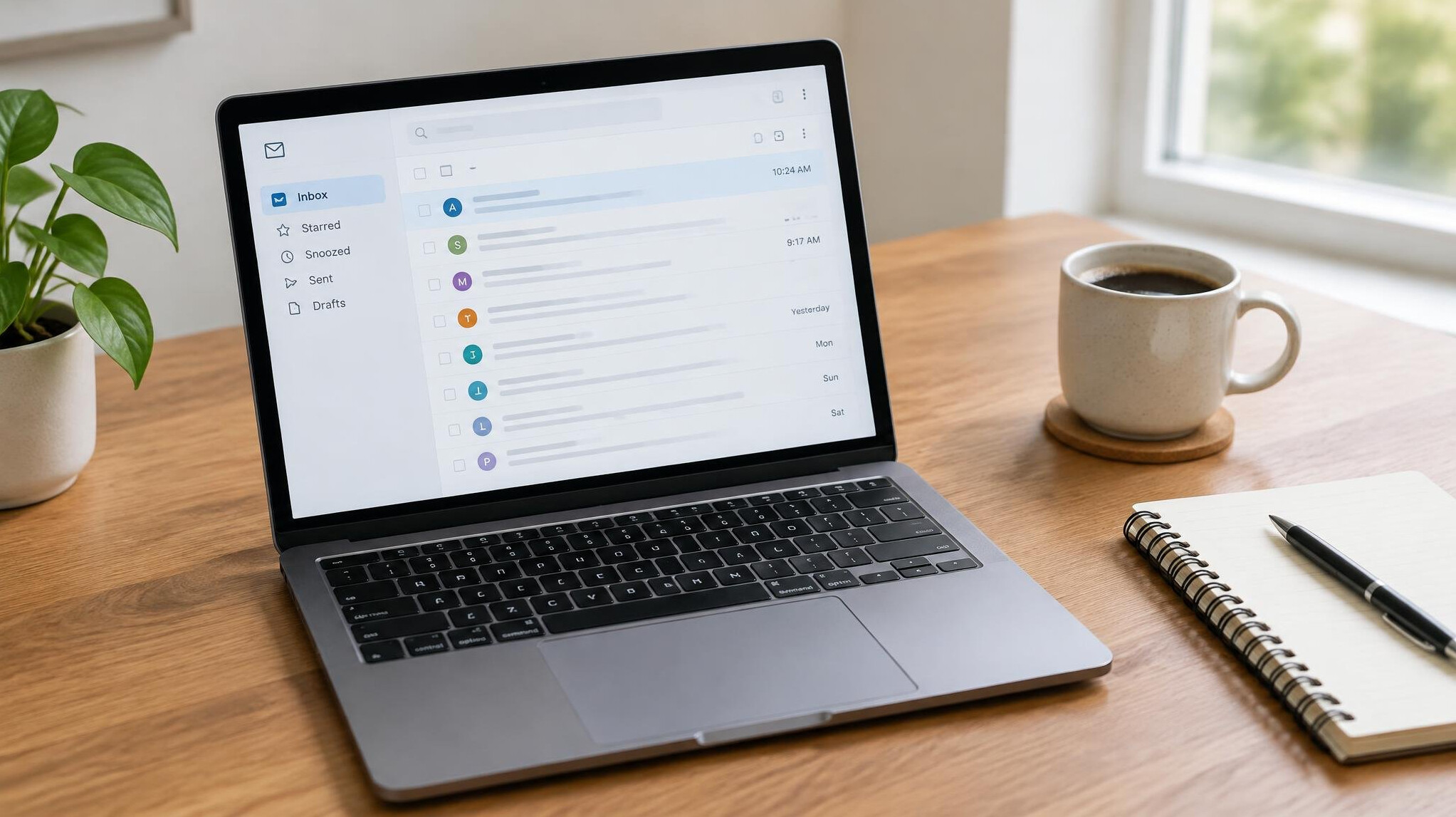 Laptop screen showing an open email inbox on a desk