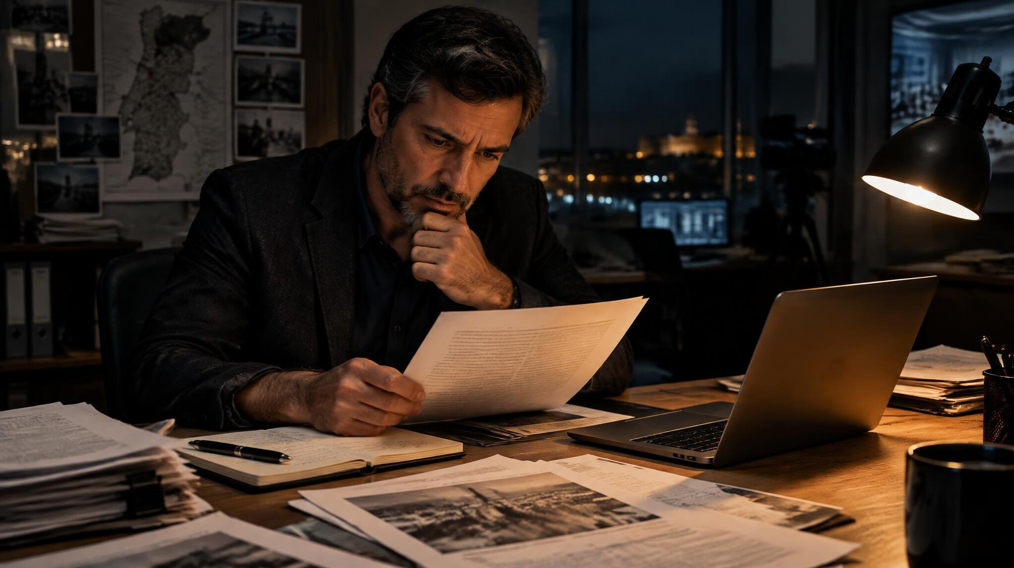 Journalist reviewing documents and notes at a desk at night